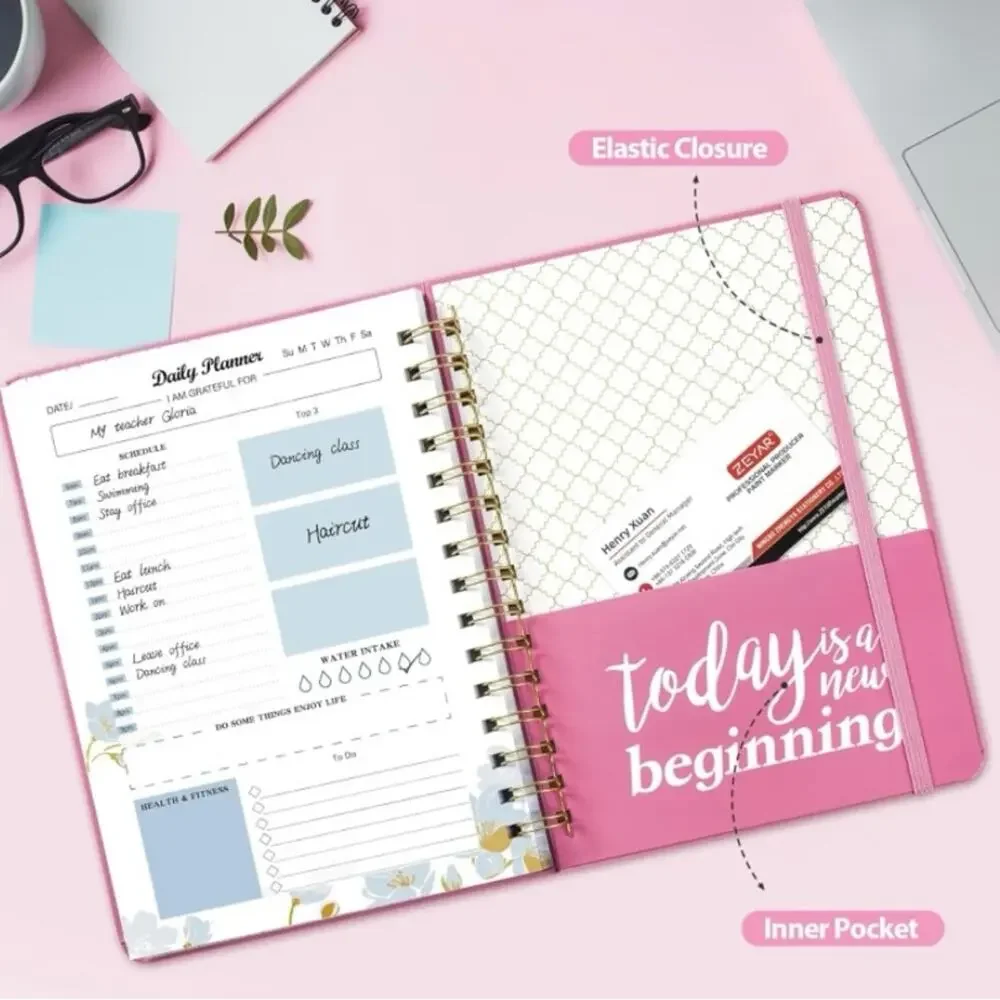 Daily Planner Organizer Undated Pink Task List Spiral Bound Notebook